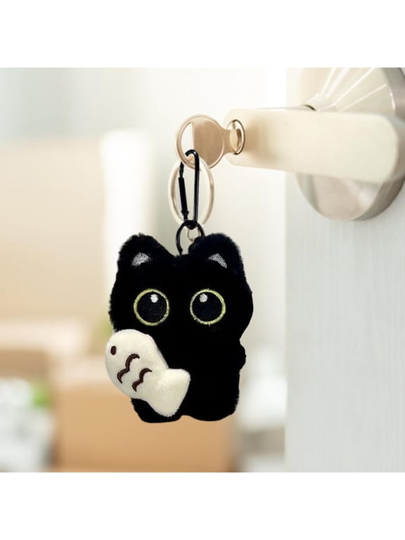 Elainilye Family Keychain, Plush Cat Key Chain, Cute Animal Keyring, Cartoon Key Holder, Soft Key Accessory, for Purse, Bag, and Home Use, Black