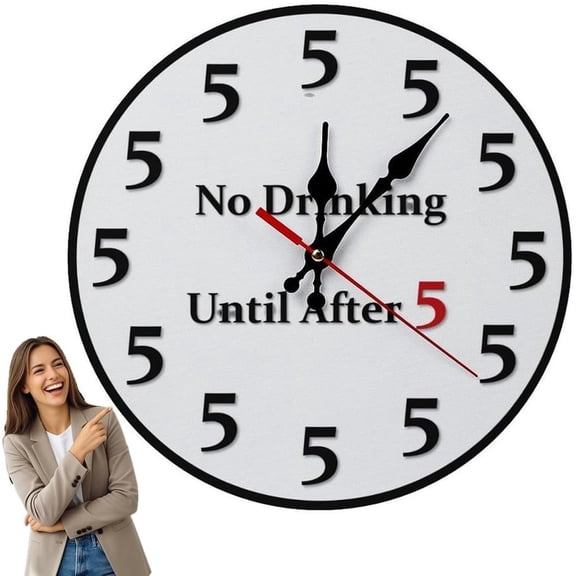 CaiTeLin Funny No Drinking Clock, Silent Analog Round Wall, 5 O Clock Analog Display, Non Ticking Home Decor for Office, Kitchen, Living Room, Bedroom Party Use