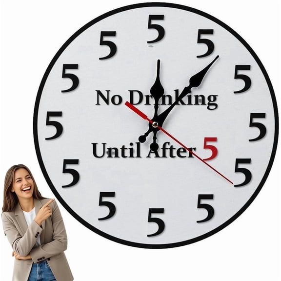 CaiTeLin Funny No Drinking Clock, Silent Analog Round Wall, 5 O Clock Analog Display, Non Ticking Home Decor for Office, Kitchen, Living Room, Bedroom Party Use