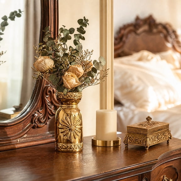 CaiTeLin Gold Ceramic Vase, Electroplated Sunflower Embossed Decorative Flower with 2 Size Options, Light Luxury Tabletop Centerpiece for Dried, Flower, Home, Office