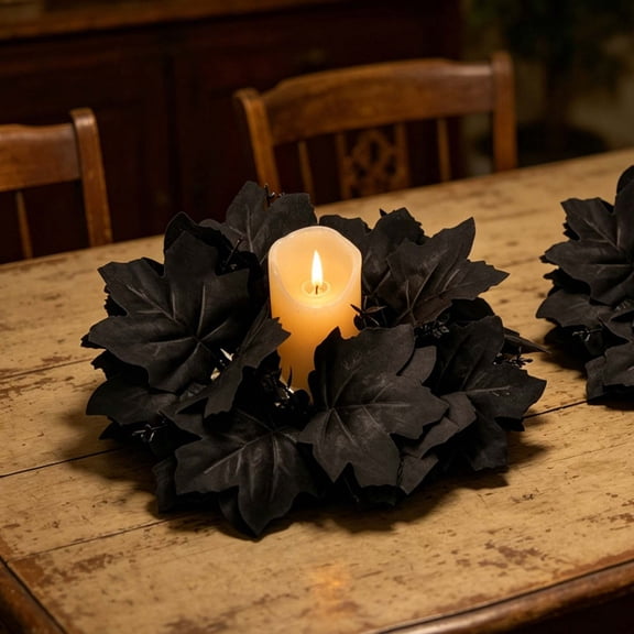 CaiTeLin Halloween Decorations Black Maple Leaf Wreath, Artificial Fall Leaves Candle Ring 11.8 Inch, Spooky Table Centerpiece for Party, Mantel, Dining Table, Shelf, Indoor, Home