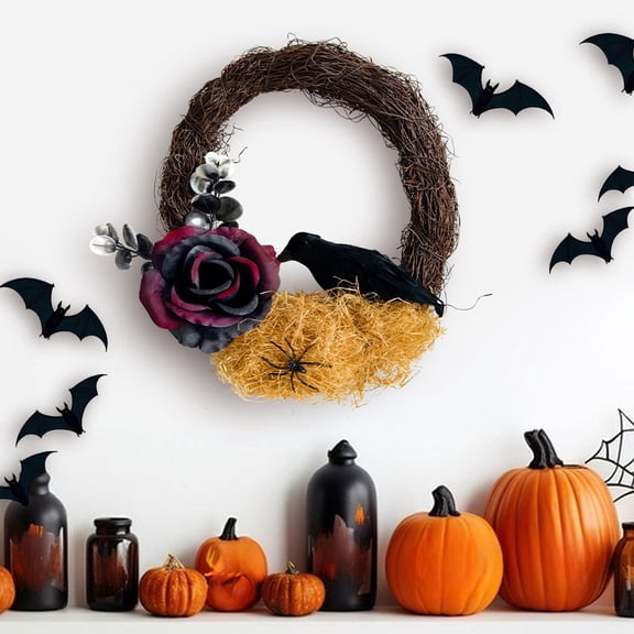CaiTeLin Halloween Decorations Twig Wreath with Black Crow, Spooky Rose Door Hanger Rattan Ring, Artificial Plant Wall Decor for Party Prop, Front Door, Porch, Mantel, Indoor, Outdoor