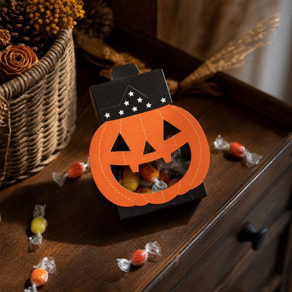 CaiTeLin Halloween Ghost Candy Box, 8 Pack Portable Pumpkin Gift with Handle and Ribbon Bow, Spooky Party Home Table Mantel Desk Decor for Indoor, Party, Home, Table
