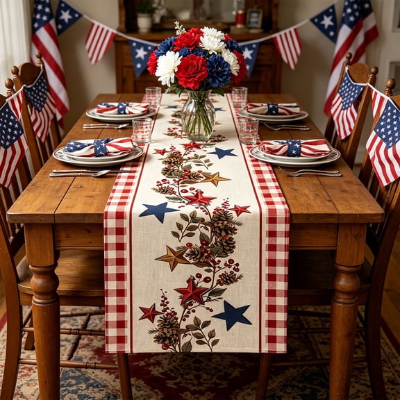 CaiTeLin Independence Day Table Flag, Red White Blue Star Striped Floral Print, Dining Table Decoration For Home Kitchen Coffee Table Holiday Indoor Outdoor Use Home Decoration Supply