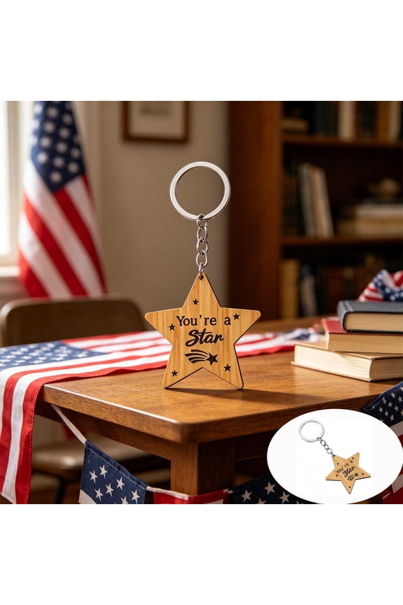 Independence Day Wooden Star Keychain Ring Accessory, July 4th Patriotic Key Chain Mini Decor Charm Piece, Flag Item For Bag Purse Backpack Luggage Car Keys Gift Favor