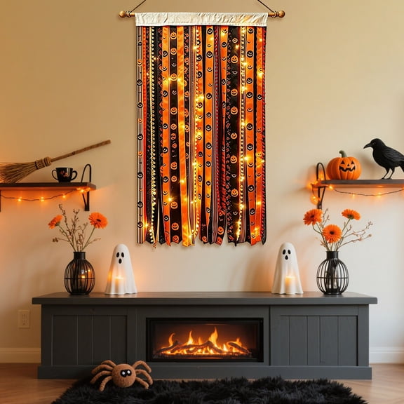 CaiTeLin Luminous Halloween Fringe Banner, Fabric Pumpkin Wall Decoration Panel Set, Cross Border Bestseller for Indoor Scene Party Spooky Season Home Window Door Decor Present