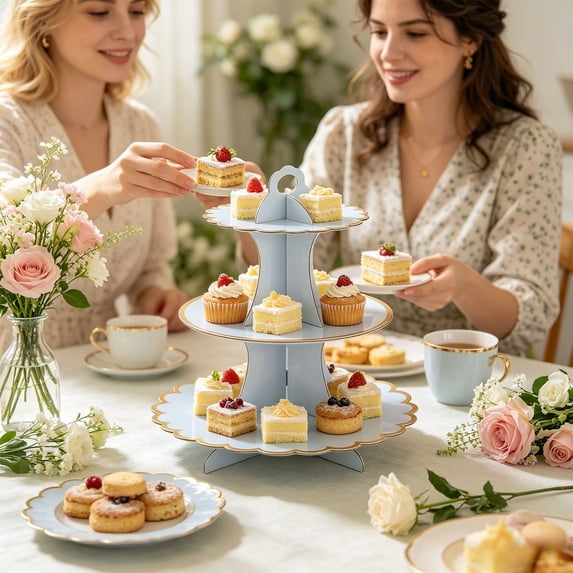 CaiTeLin Multicolor 3-Tier Cardboard Cupcake Stand, Gold Rim Dessert Tower with Decorative Design, Birthday Shower Party Decor for Home, Kitchen, Table, Countertop, Wedding, Holiday, Gift