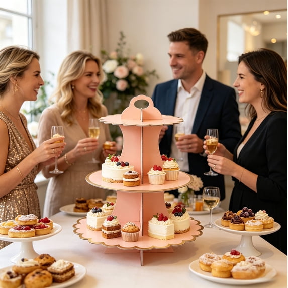 CaiTeLin Multicolor 3-Tier Cardboard Cupcake Stand, Gold Rim Dessert Tower with Decorative Design, Birthday Shower Party Decor for Home, Kitchen, Table, Countertop, Wedding, Holiday, Gift