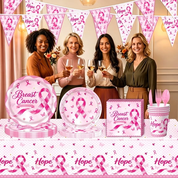 CaiTeLin Pink Ribbon Charity Party Tableware Pack, Disposable Dinnerware Tablecloth Decor Supply, Fundraiser Event Set for Banquet Table, Party Decoration, Reception Hall Use