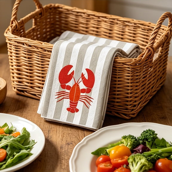 CaiTeLin Printed Lobster Dishwasher Hand Towel, Bathroom Kitchen Cotton Towel with Seafood Pattern, Home Decor for Sink Counter Daily Cleaning Use for Home Daily Use Indoor Outdoor Use
