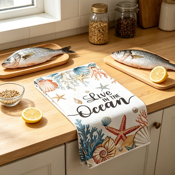 CaiTeLin Printed Lobster Dishwasher Hand Towel, Bathroom Kitchen Cotton Towel with Seafood Pattern, Home Decor for Sink Counter Daily Cleaning Use for Home Daily Use Indoor Outdoor Use