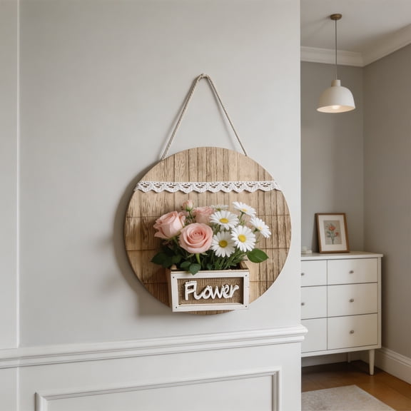 CaiTeLin Round Wooden Wall Hanging Flower Basket, Wall Mounted Floral Container Home Decor, Flower Box for Living Room, Bedroom, Porch, Patio, Kitchen, Entryway, Gift, Display
