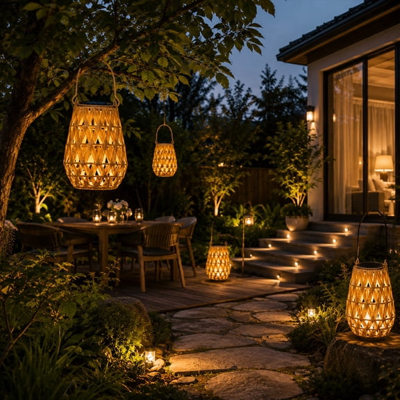 CaiTeLin Solar Powered Rattan Lantern, Waterproof Outdoor Table Lamp, Wicker Style Ambient Light For Patio Garden Yard Deck