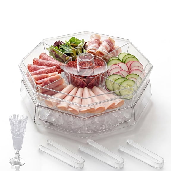 CaiTeLin Tiered Rotating Serving Tray Stand Display, Ice Cooled Fruit Vegetable Appetizer Platter Plate, Round Organizer For Party Buffet Kitchen Countertop Table Dining Room Use