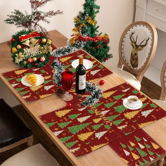 CaiYueKe 1 Pcs Christmas Table Runner and 4 Pcs Placemats Set Holiday Dining Decorations Polyester Linen Print Seasonal Party Table Cover Home Kitchen Decor Festive Supplies