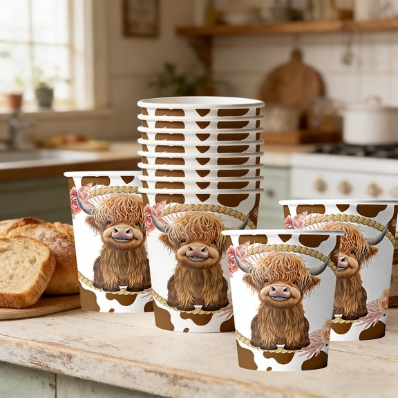 CaiYueKe 10 Pcs Highlands Cow Paper Cups Disposable Vintage Floral Party Cups Rustic Farmhouse Theme Celebration Supplies Bulk Pack Eco Friendly Compostable