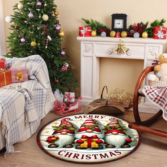 CaiYueKe 16 Inch Round Christmas Themed Non-Slip Area Rug - Polyester Holiday Floor Mat with Gnome Pattern for Living Room Bedroom Doorway Kitchen and Easy Care Home Decor​​