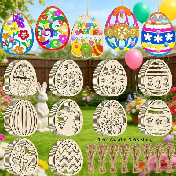 CaiYueKe 20 Pcs Easter Wood Slices for Painting DIY Crafts, Unfinished Wooden Ornaments Blanks, Spring Holiday Decor, Kids Art Activity, Bunny Egg Craft Kit