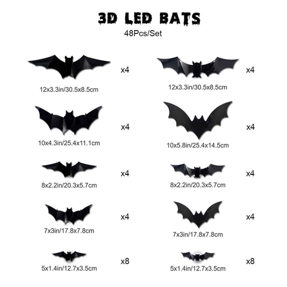 CaiYueKe 3D Halloween LED Night Light Bats Wall Stickers, Glow in Dark PVC Flash Decals for Holiday Party Window Display Garage Ceiling Stair Porch Decor 12/24/36/48/60pcs