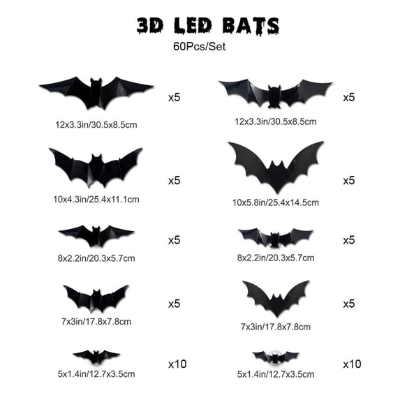 CaiYueKe 3D Halloween LED Night Light Bats Wall Stickers, Glow in Dark PVC Flash Decals for Holiday Party Window Display Garage Ceiling Stair Porch Decor 12/24/36/48/60pcs