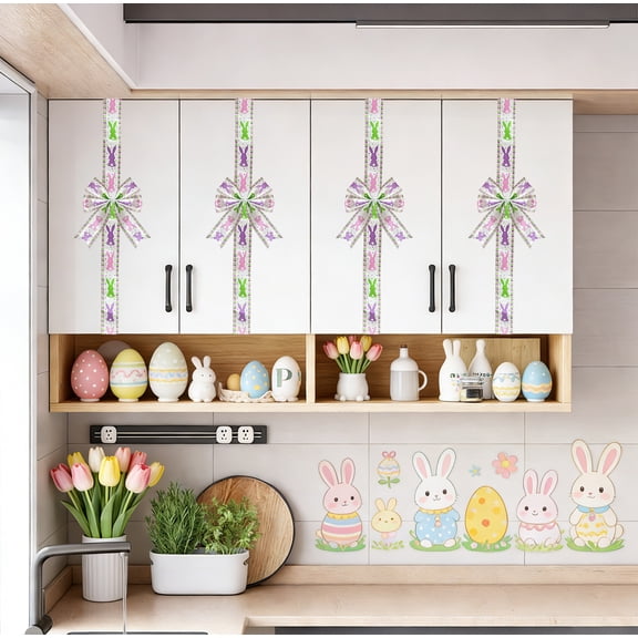 CaiYueKe 4 Pcs Easter Bow Decorations Wired Edge Ribbon Spring Holiday Decor DIY Bunny Egg Wreath Window Door Cabinet Decorative Ties Craft Supplies Party Festive Home Decorating