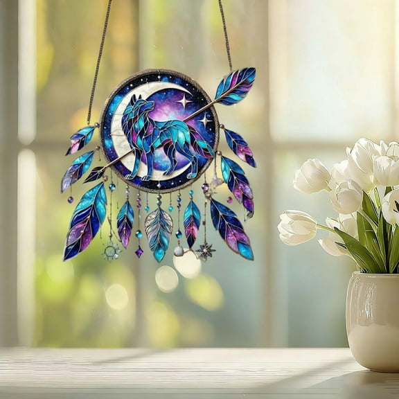 CaiYueKe 8 Inch Wolf Acrylic Suncatcher Hanging Ornament - Stained Glass Home Window Wall Car Decoration Pendant