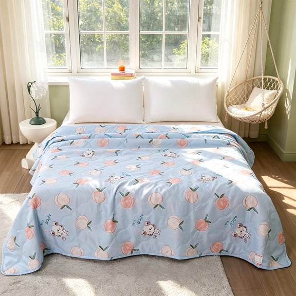CaiYueKe Animals and Peaches Washed Cotton Summer Quilt Lightweight Breathable Air Conditioning Quilt Machine Washable Soft Bedspread for Spring Summer Fall Bedding Home Decor Blue Pattern Quilt