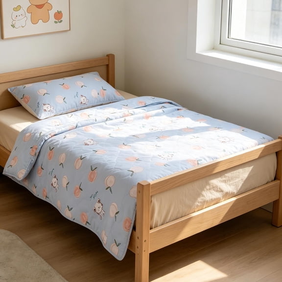 CaiYueKe Animals and Peaches Washed Cotton Summer Quilt Lightweight Breathable Air Conditioning Quilt Machine Washable Soft Bedspread for Spring Summer Fall Bedding Home Decor Blue Pattern Quilt