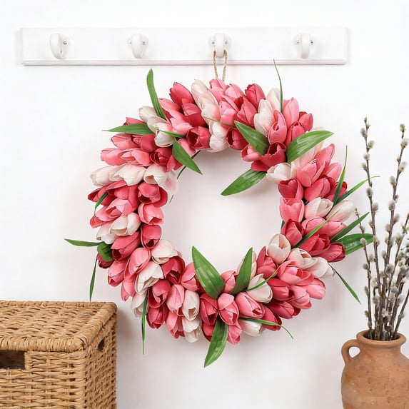 CaiYueKe Artificial Tulip Wreath Spring Floral Decor for Front Door Outdoor Indoor Hanging with Green Leaves and Flowers Home Garden Wall Door Decoration for Party Wedding Holiday