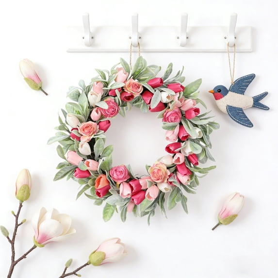 CaiYueKe Artificial Tulip Wreath Spring Floral Decor for Front Door Outdoor Indoor Hanging with Green Leaves and Flowers Home Garden Wall Door Decoration for Party Wedding Holiday