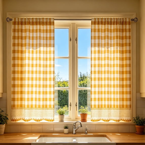 CaiYueKe Buffalo Check Tier Curtain Pair, Plaid Light Filtering Short Drapes for Kitchen Bedroom Living Dining Room, Farmhouse Window Curtains with Rod Pocket(Yellow)