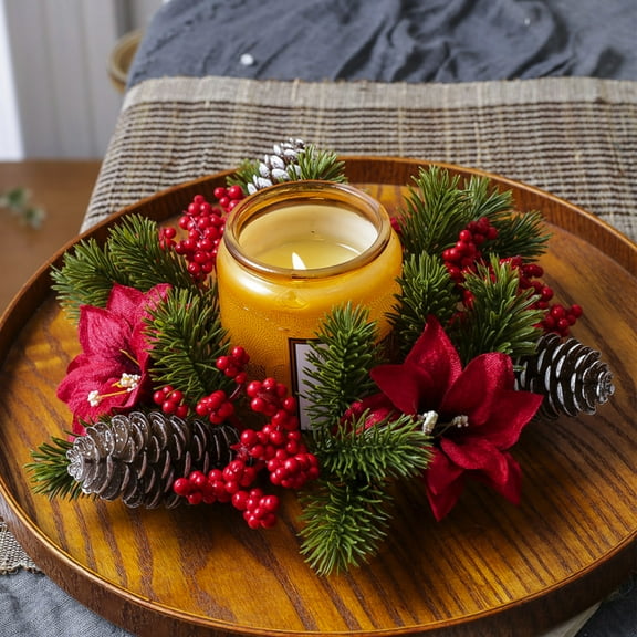 CaiYueKe Candle Rings Wreaths Artificial Pinecones Pine Poinsettia Red Berry Centerpiece Fall Table Decorations Holiday Party Decor for Christmas Thanksgiving Festive Wedding Home Decor