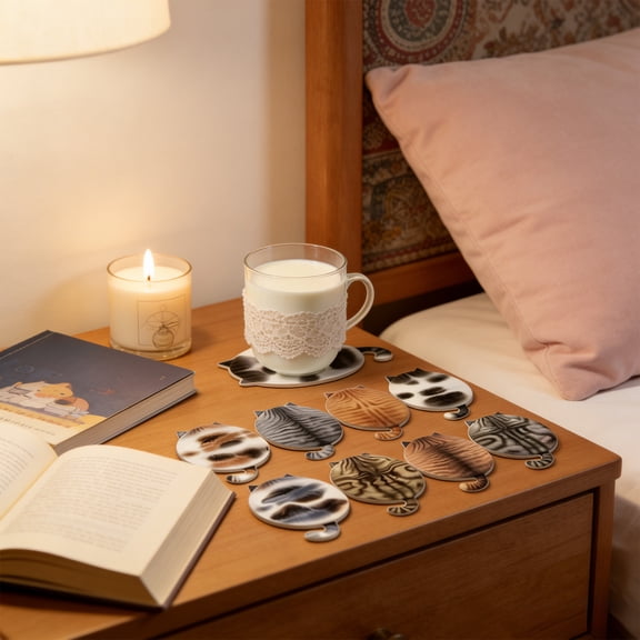 CaiYueKe Cat Coasters Set of 8, Wood Drink Coasters for Glasses Mugs, Absorbent Cork Coaster Pads, Kitchen Dining Table Protector, Cute Kitty Cat Lover Gifts for Home Decor Cafe Bar