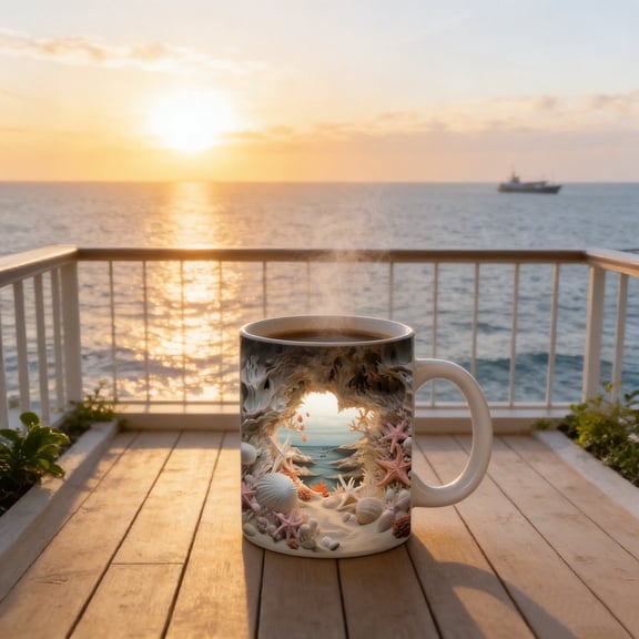 CaiYueKe Ceramic Coffee Mug with Seashell Beach Coastal Ocean Theme Design, Starfish Waves Nautical Decor Gift for Kitchen Drinkware, Dishwasher and Microwave Safe Large Capacity Tea Cup