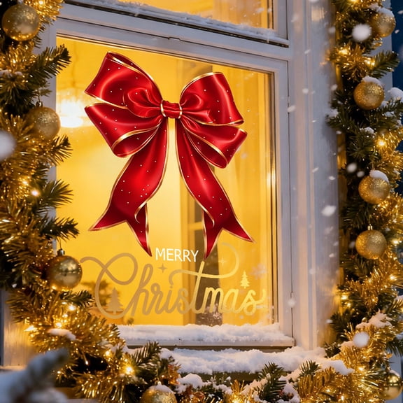 CaiYueKe Christmas Bow Window Clings Xmas Red Gold Bow Snowflake Reusable Window Decals PVC Film Decorations for Winter Holiday Home Party Classroom DIY Decor Party Supplies