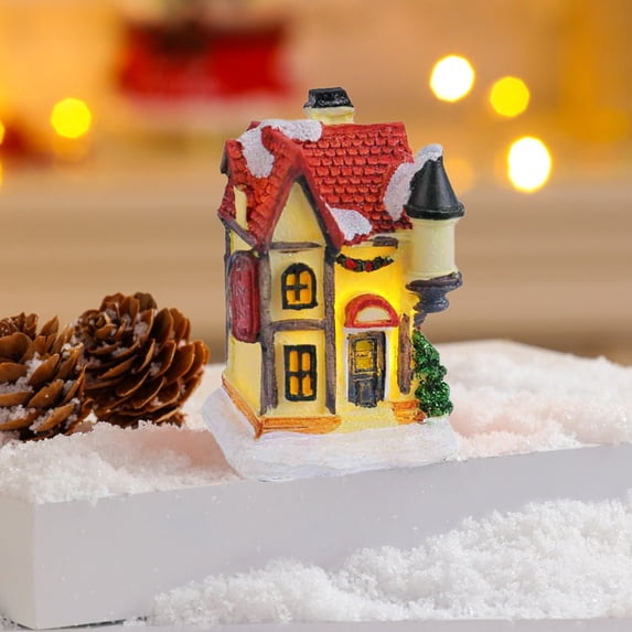 CaiYueKe Christmas Colorful Glowing Little House Resin Ornament, LED Light Up Miniature Cottage Desktop Decor for Christmas Village Mantel Table Shelf Desktop Holiday Display