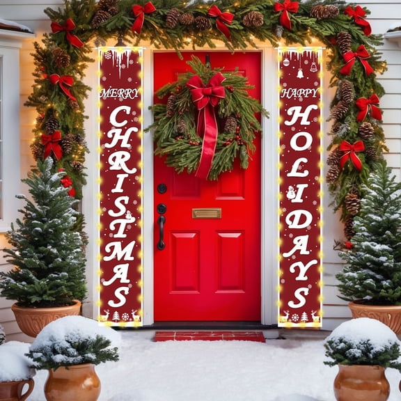 CaiYueKe Christmas Door Curtain with Lights Couplet Decor Festive Party Background Banner Waterproof Polyester Holiday Door Cover for Indoor Outdoor Christmas Decoration