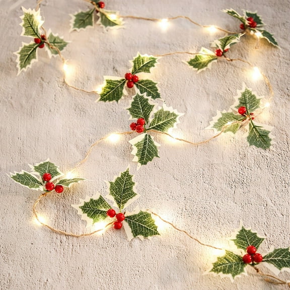 CaiYueKe Christmas Garland, 6.6FT Pre-lit Red Berries & Holly Leaves Garlands, Artificial Lighted Berry Garland Battery Operated, Indoor Outdoor Xmas Fireplace Gate Home Winter New Year Decor