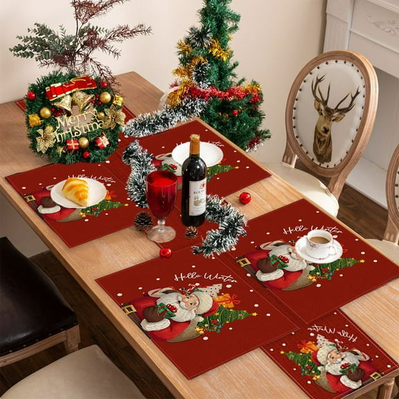 CaiYueKe Christmas Table Runner and 4 Pcs Placemats Set Holiday Dining Decorations Linen Seasonal Party Table Cover Festive Snowflake Tree Santa Design Washable Table Setting