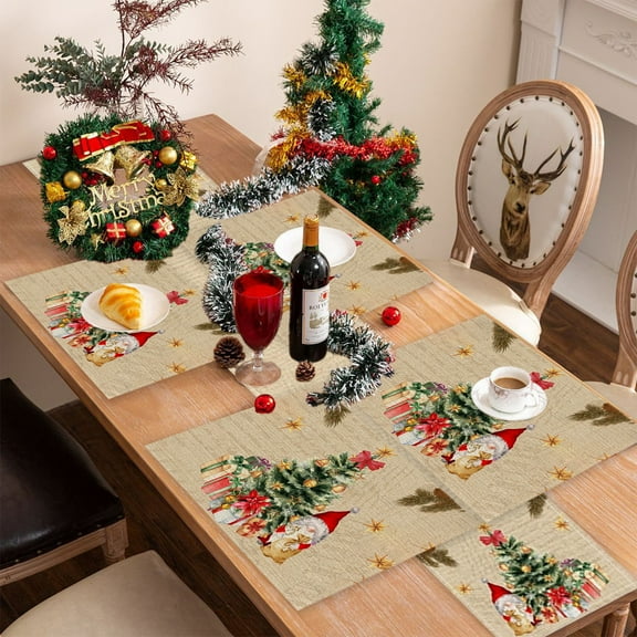 CaiYueKe Christmas Table Runner and 4 Pcs Placemats Set Holiday Dining Decorations Linen Seasonal Party Table Cover Festive Snowflake Tree Santa Design Washable Table Setting