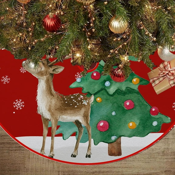 CaiYueKe Christmas Tree Skirt 35.4 Inch Red Snowman Pattern Festive Xmas Mat, Merry Christmas Print Holiday Party Home Decor for Tree Base Cover, Christmas Decoration for Family Gatherings