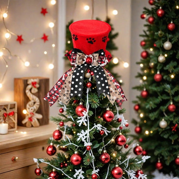 CaiYueKe Christmas Tree Topper Hat Christmas Decorations, Xmas Tree Toppers Buffalo Plaid Big Bow Tie Christmas Tree Decorations, Christmas Tree Ornament for Winter Xmas Holiday Party Decoration