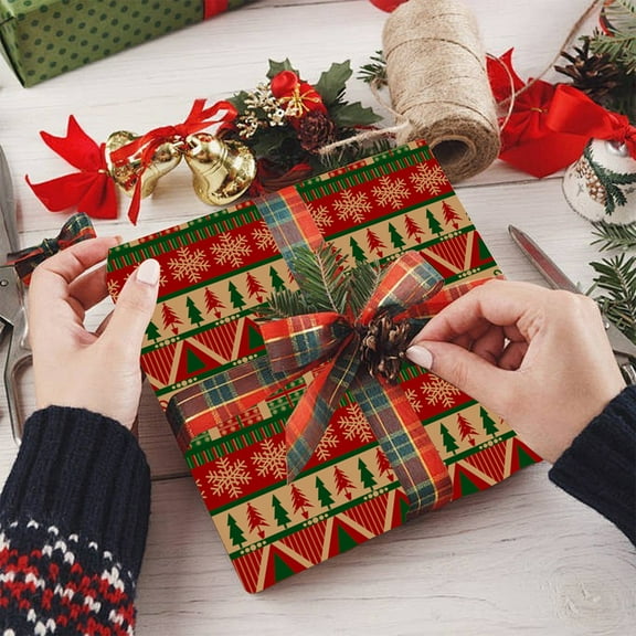 CaiYueKe Christmas Wrapping Paper Large Sheets, Festive Kraft Gift Wrap with Snowflake Tree Deer Designs, Eco-Friendly Holiday Gift Wrapping, Flat Folded Packaging Paper