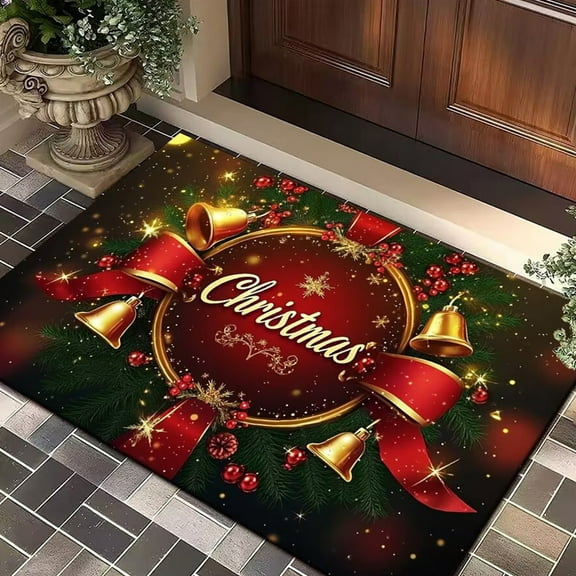 CaiYueKe Christmas Xmas Kitchen Rugs Xmas Christmas Bells Red Kitchen Mats Non Slip Floor Mat Washable Welcome Mat Farmhouse Rug for Kitchen Sink Indoor Entryway Laundry Home Decor Gift