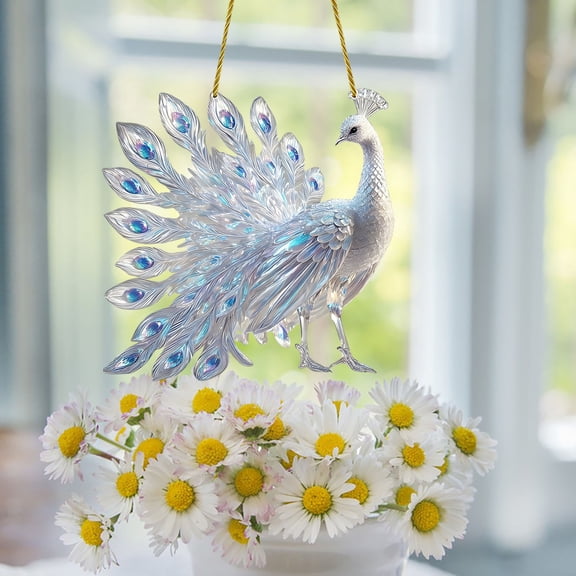 CaiYueKe Crystal White Peacock Ornament, Acrylic Spirit Bluebird Suncatcher, 2D Flat Peacock Window Hanging Decor, Home Decor Memorial Gifts for Bird Lovers