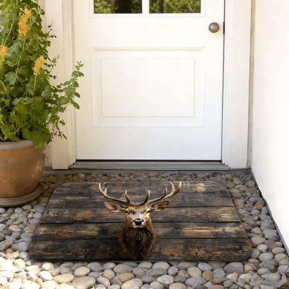CaiYueKe Deer Head Rug Mat Non-Slip Absorbent Doormat for Front Door Entryway Indoor Outdoor Use Washable Floor Mat Kitchen Bath Decor Rustic Cabin Lodge