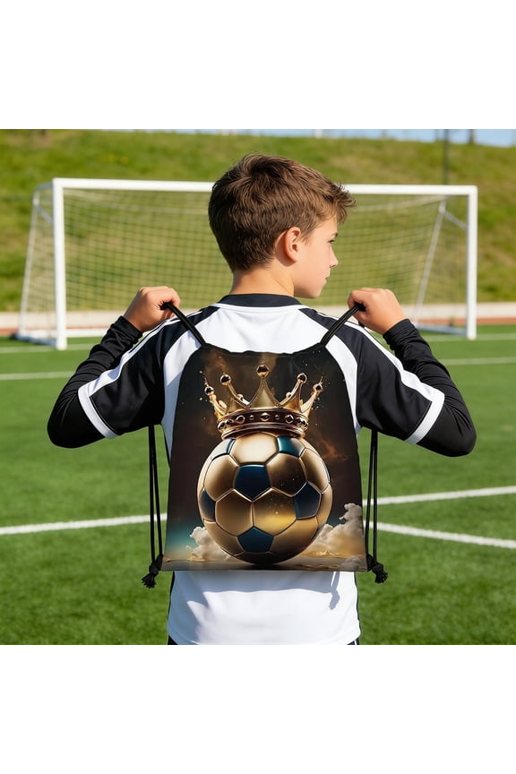 Drawstring Sports Bag Waterproof Gym Sack with Quilted Design for Travel Storage Soccer Print Backpack Duffle Pouch Multi Pocket Oxford Cloth Athletic Equipment Carrier