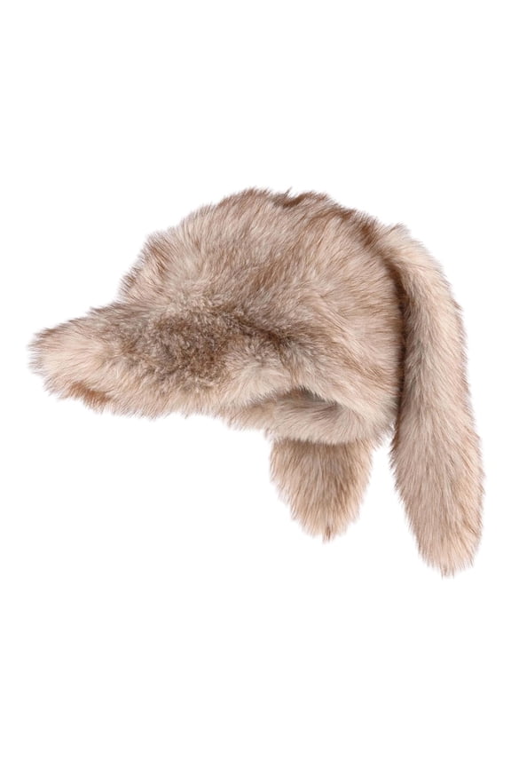 Faux Fur Baseball Cap with Long Ears Winter Warm Hat for Women Men Unisex Soft Knit Beanie Cold Weather Ear Flap Trapper Hat Cute Animal Ears Outdoor Ski Snow