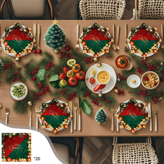 CaiYueKe Green Christmas Tree Tableware - Merry Christmas Party Decorations, Disposable Paper Plates, Napkins, Tablecloth, Cups for Xmas Winter Snowflake Holiday Decor