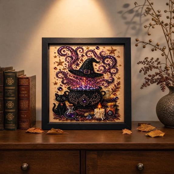 CaiYueKe Halloween Ghost Pearl Beaded Art DIY Painting Kit 20x20cm, Pumpkin Carriage Witch House Wall Decor, Beginner Friendly Craft Set for Home Party Gift